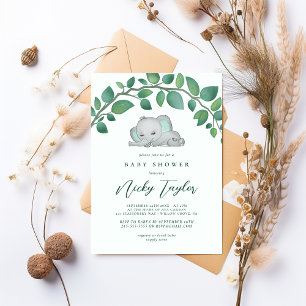 Cute Elephant Greenery Watercolor Baby Shower Inbjudningar