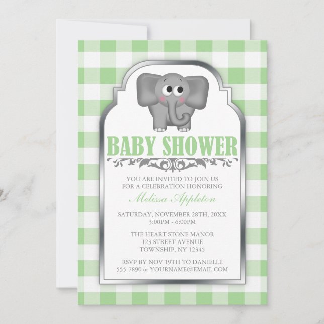 Cute Elephant Grönt Gingham Baby Shower-inbjudan Inbjudningar (Framsida)