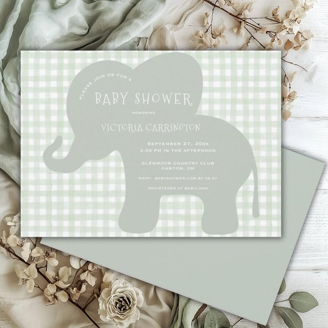Cute Elephant Grönt Gingham Baby Shower Inbjudningar (Skapare uppladdad)