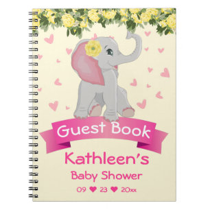 Cute Elephant Gul ros Baby Shower Guest Bok Anteckningsbok