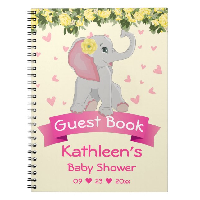 Cute Elephant Gul ros Baby Shower Guest Bok Anteckningsbok (Framsidan)