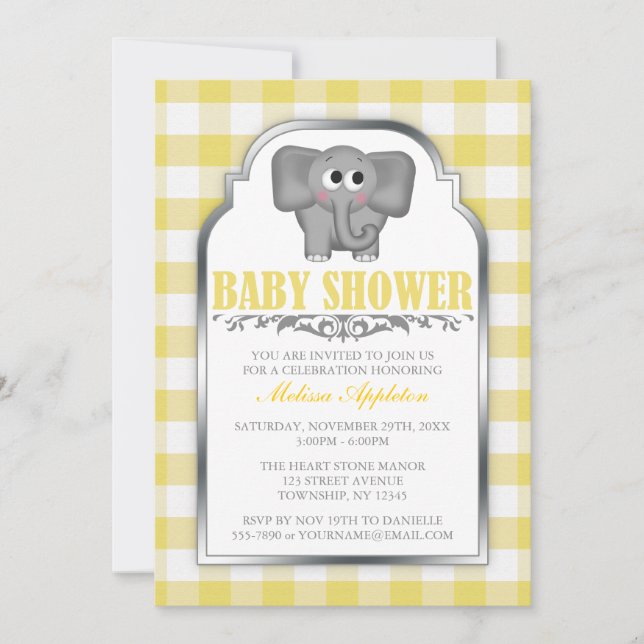 Cute Elephant Gult Gingham Baby Shower Inbjudningar (Framsida)