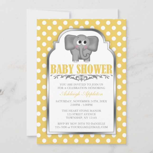 Cute Elephant Gult Polka Dot Baby Shower Inbjudningar (Framsida)