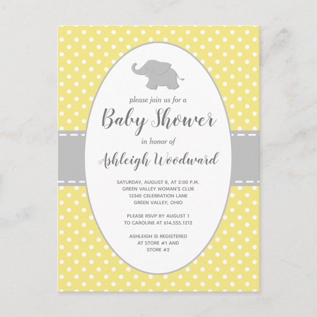 Cute Elephant Gult Polka Dot Neutralt Baby Shower Inbjudan Vykort (Framsida)