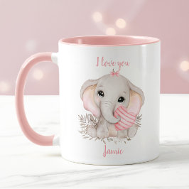 Cute Elephant Heart Valentine kärlek Rosa Namn Mugg