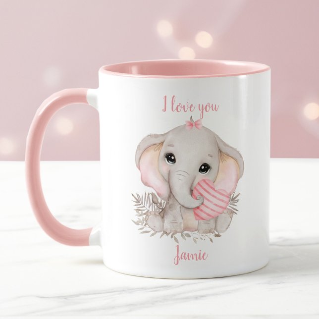 Cute Elephant Heart Valentine kärlek Rosa Namn Mugg (Cute Elephant Heart Valentine love Pink Name Mug)