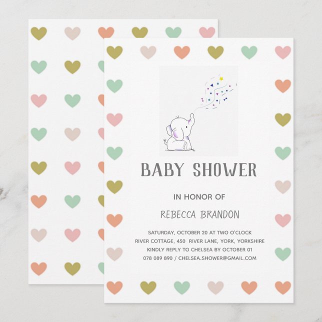Cute Elephant Hearts Mood Baby Shower-inbjudan Inbjudningar (Fram/baksida)