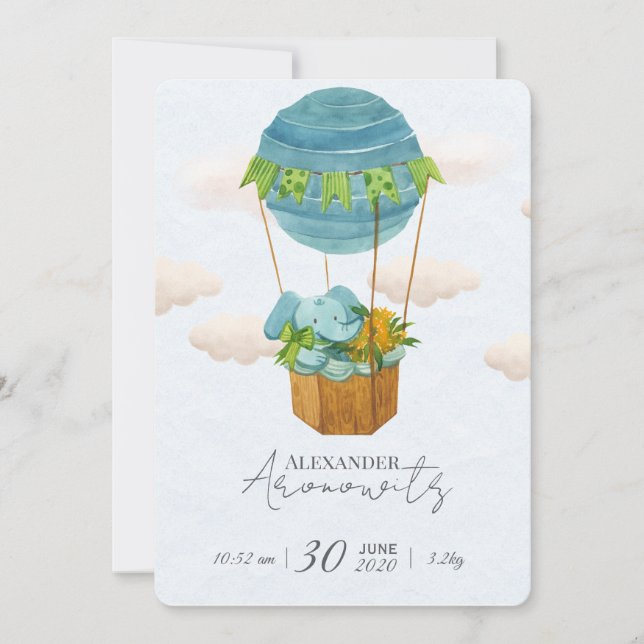 Cute Elephant Hot Air Balloon Baby Birth Announcem Inbjudningar (Framsida)