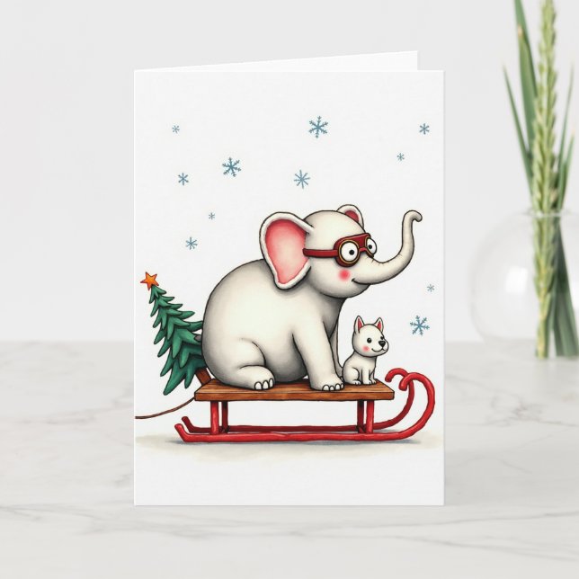 Cute Elephant Hund Sled jul Card Whimsical Il Kort (Framsida)