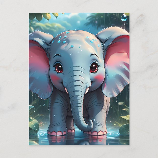 Cute Elephant i Rain Vykort (Framsida)