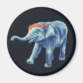 Cute Elephant in Blue med andedräkt från blommor. Magnet