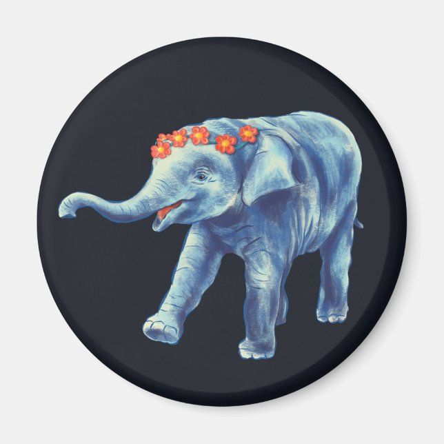 Cute Elephant in Blue med andedräkt från blommor. Magnet (Framsidan)