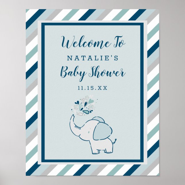Cute Elephant in Navy & Mint Baby Shower Welcome Poster (Framsidan)