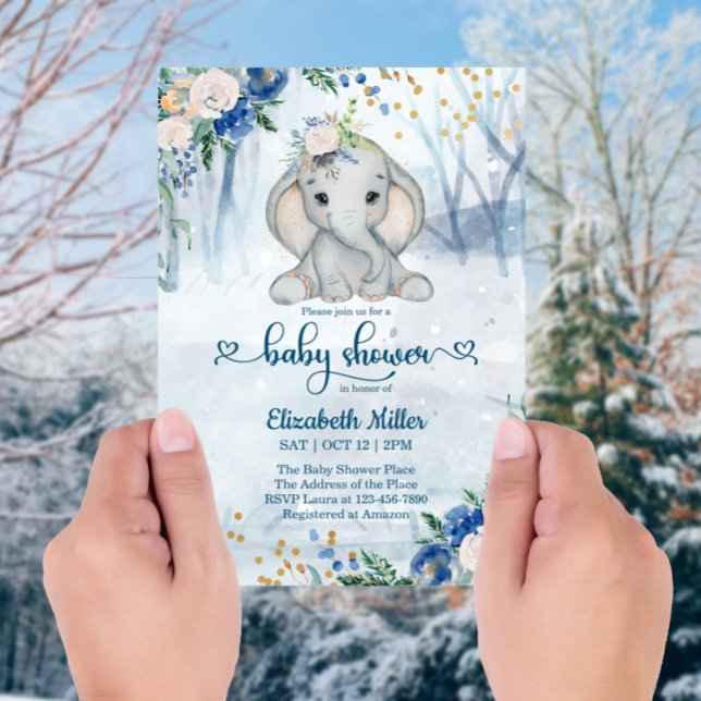 Cute Elephant in Winter Forest Baby Shower Inbjudningar (Skapare uppladdad)