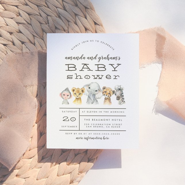 Cute Elephant & Jungle Friends Rustic Baby Shower Inbjudan Vykort (Skapare uppladdad)