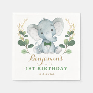 Cute Elephant Jungle Greenery 1:a födelsedagen Pappersservett