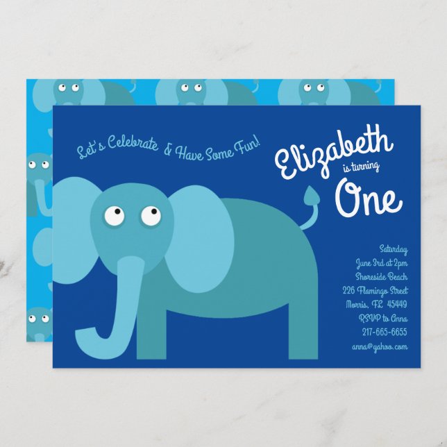 Cute Elephant Kids 1:a födelsedagsinbjudan Inbjudningar (Fram/baksida)