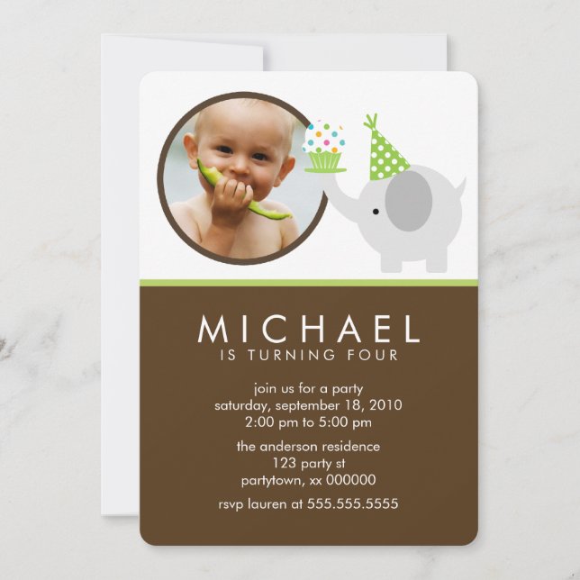 Cute Elephant Kids Photo Födelsedagsfest Inbjudningar (Framsida)