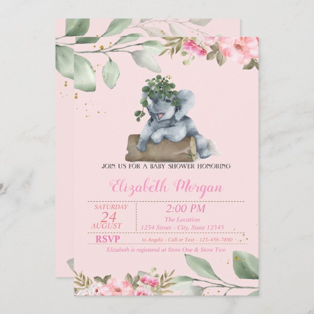 Cute Elephant, Lämna, Blommigt Baby Shower Inbjudningar (Fram/baksida)
