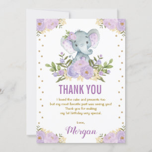 Cute Elephant Lavender Lila Guld Blommigt Tack Kort