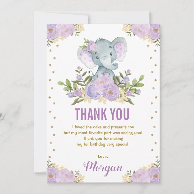 Cute Elephant Lavender Lila Guld Blommigt Tack Kort (Framsida)