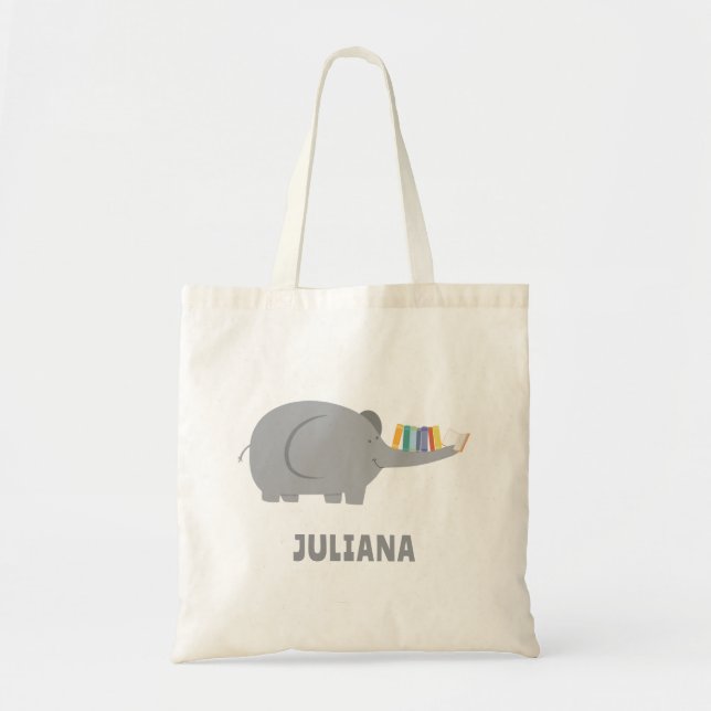 Cute Elephant Library Tote Bag Tygkasse (Framsidan)