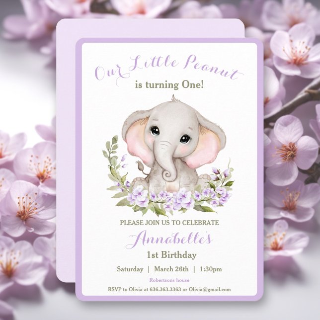 Cute Elephant Lila 1:a födelsedagsinbjudan till fl Inbjudningar (Cute Elephant Purple 1st Birthday Girl Invitation)