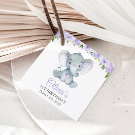 Cute Elephant, Lila blommor, första födelsedagen Gåvor Etiketter