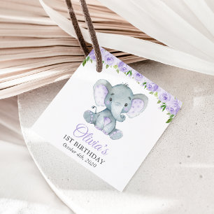 Cute Elephant, Lila blommor, första födelsedagen Gåvor Etiketter