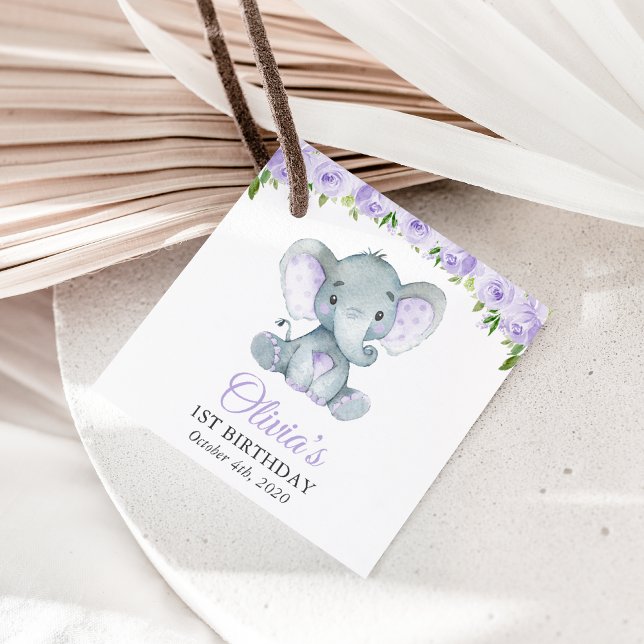Cute Elephant, Lila blommor, första födelsedagen Gåvor Etiketter (Skapare uppladdad)