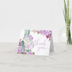Cute elephant lila lavender blommigt - vattenfärg tack kort