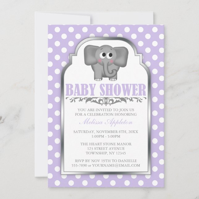 Cute Elephant Lila Polka Dot Baby Shower Inbjudningar (Framsida)