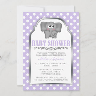 Cute Elephant Lila Polka Dot Baby Shower Inbjudningar