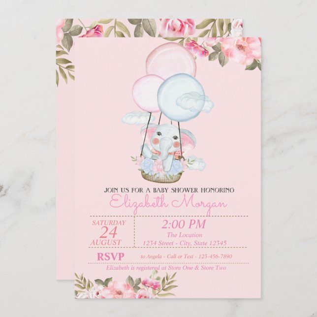 Cute Elephant,Luft Balloon Blommigt Baby Shower Inbjudningar (Fram/baksida)