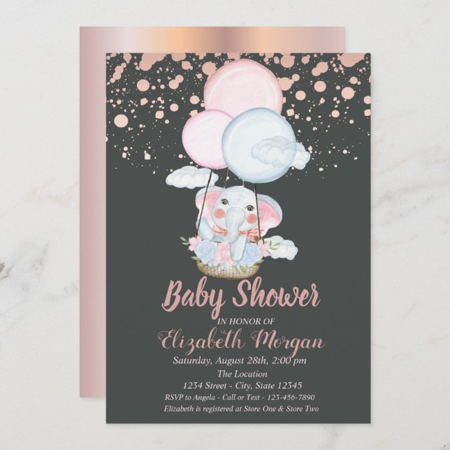 Cute Elephant,Luft Balloon,Ro Guld Baby Shower Inbjudningar (Fram/baksida)