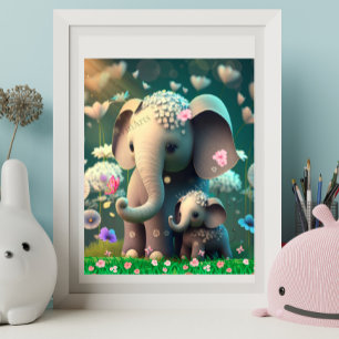 Cute Elephant Mamma och Baby Garden of Flowers Art Poster
