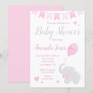 Cute Elephant med Balloon Baby Shower Girl Inbjudningar