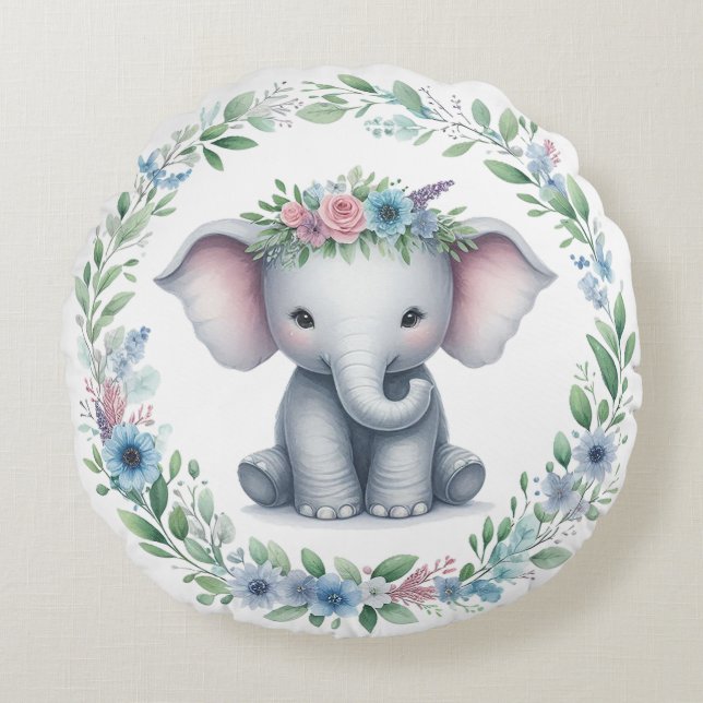 Cute Elephant med blå Blommigt Rund Kudde (Framsidan)