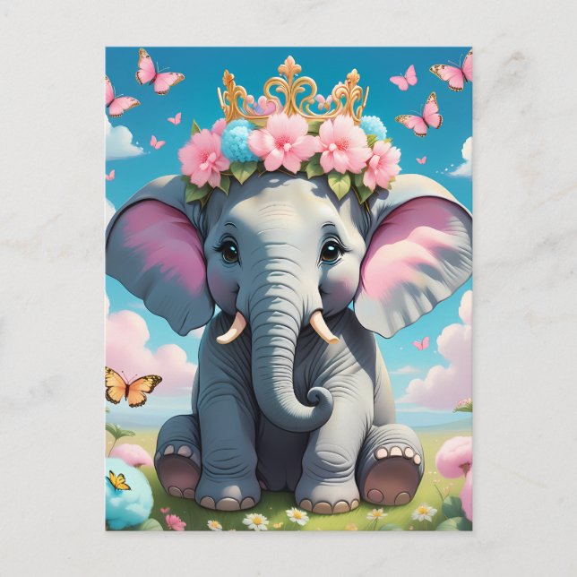Cute Elephant med blomman krona Vykort (Framsida)