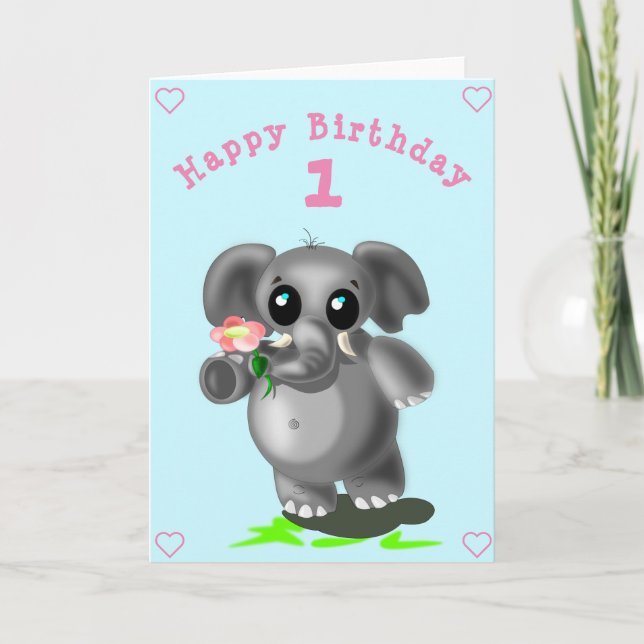 Cute Elephant med blommande födelsedagskort Kort (Framsida)