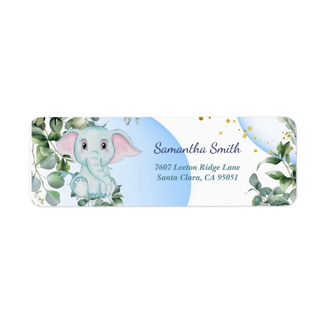 Cute Elephant med Eucalyptus med blå bubbla Returadress Etikett (Framsidan)
