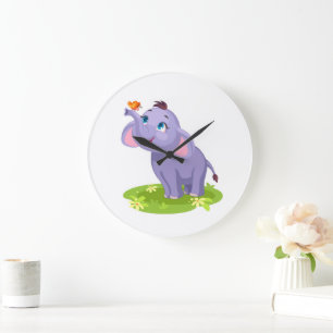 Cute Elephant med fjärilsmur Stor Klocka