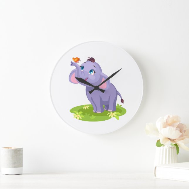Cute Elephant med fjärilsmur Stor Klocka (Hem)