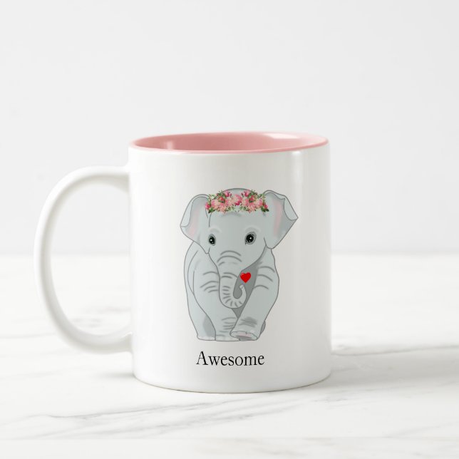 Cute Elephant med Flower Krona Holger ett hjärta Två-Tonad Mugg (Vänster)