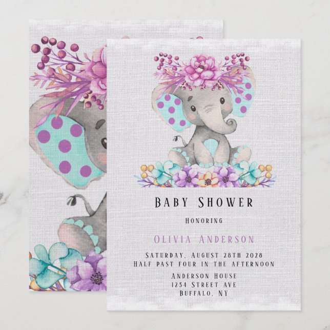 Cute Elephant med Lila Teal Blommigt Baby Shower Inbjudningar (Fram/baksida)