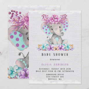 Cute Elephant med Lila Teal Blommigt Baby Shower Inbjudningar