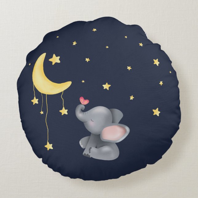 Cute Elephant med liten fjäril under Måne Rund Kudde (Baksidan)