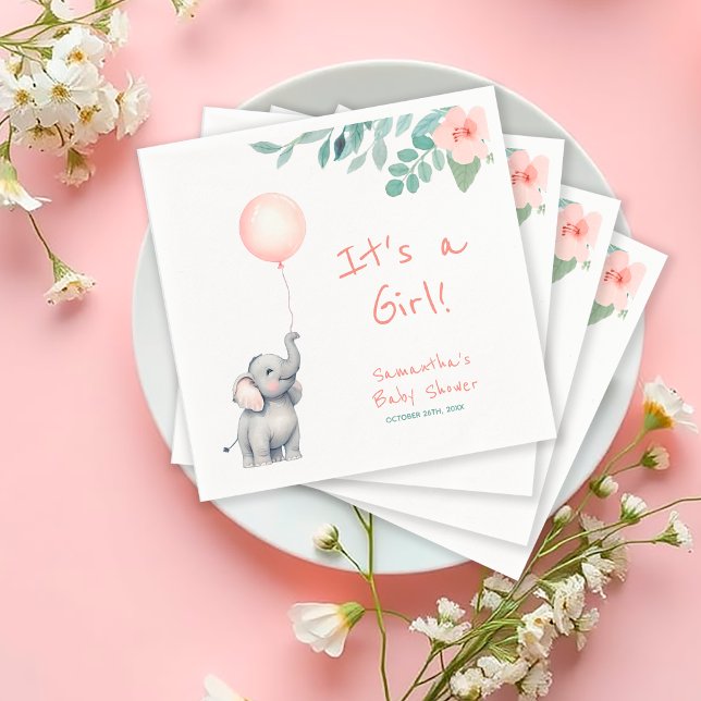 Cute Elephant med Rosa Balloon Baby Shower Pappersservett (Skapare uppladdad)