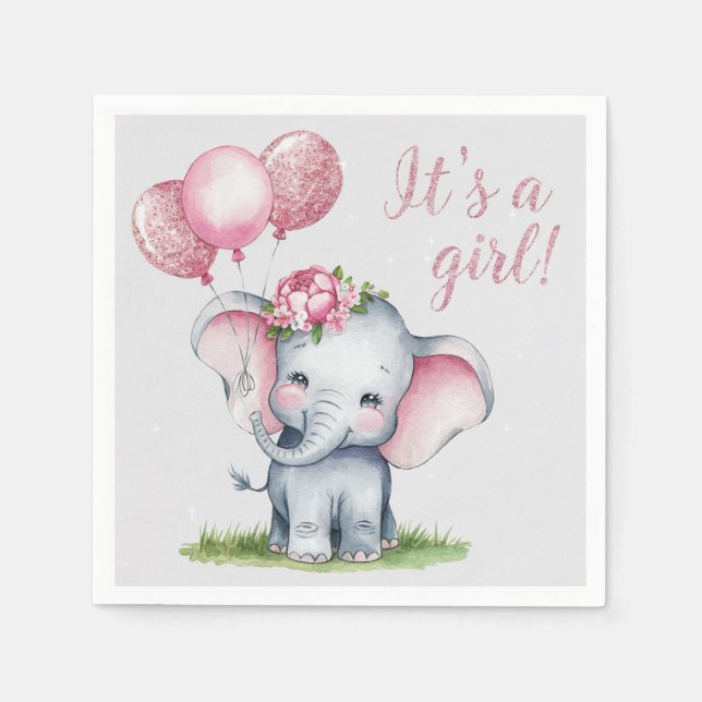 Cute Elephant med Rosa Balloons Girl Baby Shower Pappersservett (Framsidan)
