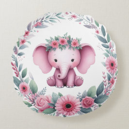 Cute Elephant med Rosa Blommigt Rund Kudde